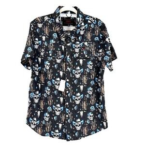 NEW Rock & Roll Denim Tek Scull Pearl Snap Shirt Mens Medium Western Cowboy Bull